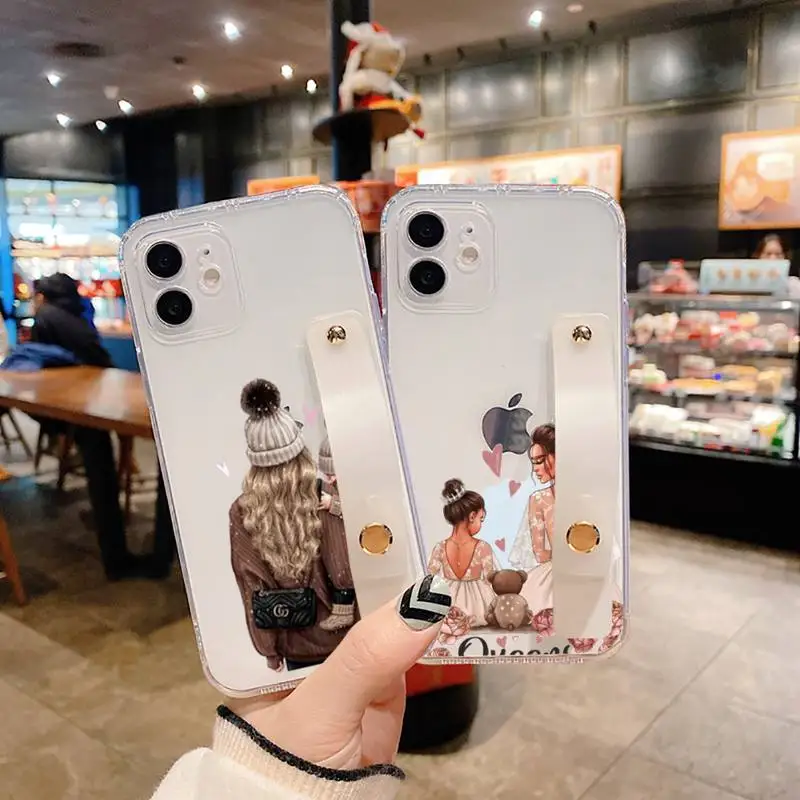 

Mother baby girl fashion mom Phone Case Wrist Strap For iPhone 7 8 11 12 X XS XR MINI Pro Max Plus Hand Band Transparent Clear