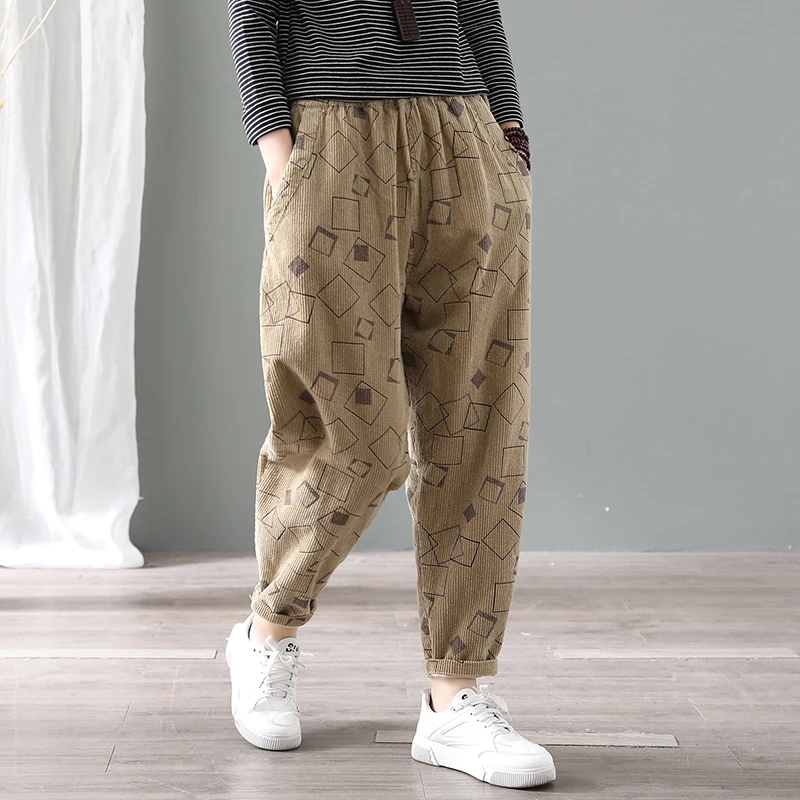 Женские брюки большого размера 2019 осень зима напечатанные шаровары вельветовые