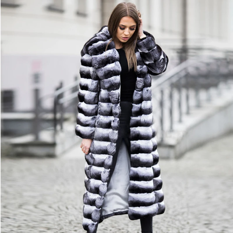 130cm Long Genuine Chinchilla Rex Rabbit Fur Coat With Big Hood For Women Full Pelt Natural Rex Rabbit Jacket Winter Woman Coats