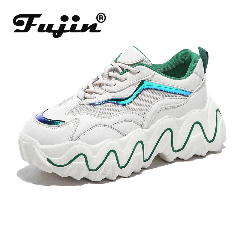 Женские кроссовки на толстой подошве Fujin белые разноцветные плоской обувь для