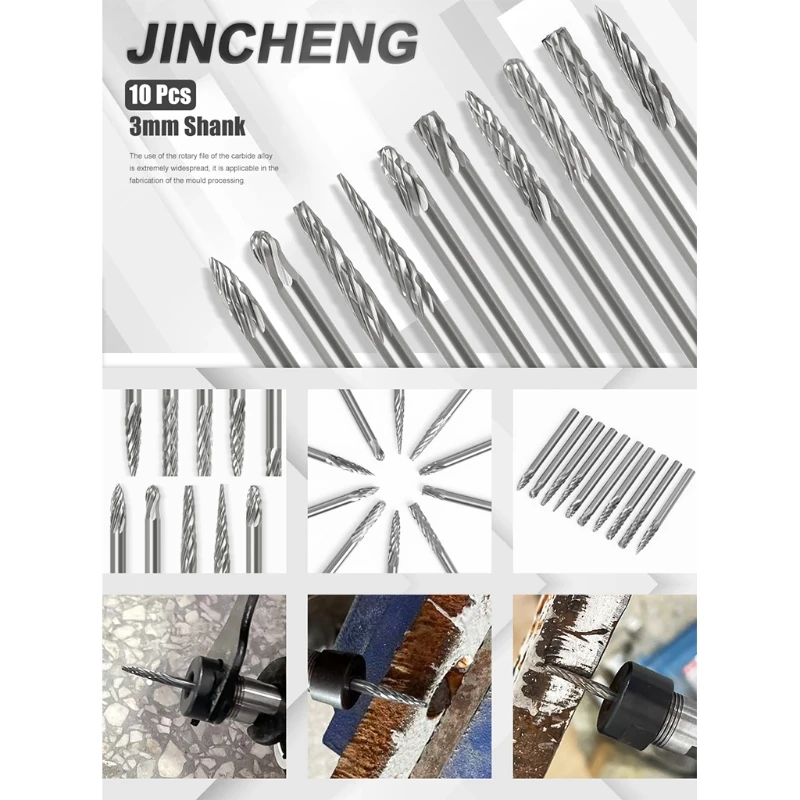 

7XEA Metal Drawing Tungsten Carbide Milling Cutter Rotary Tool 10 Pcs Abrasive Tools 3x3mm Wood Metal Stone's Carving