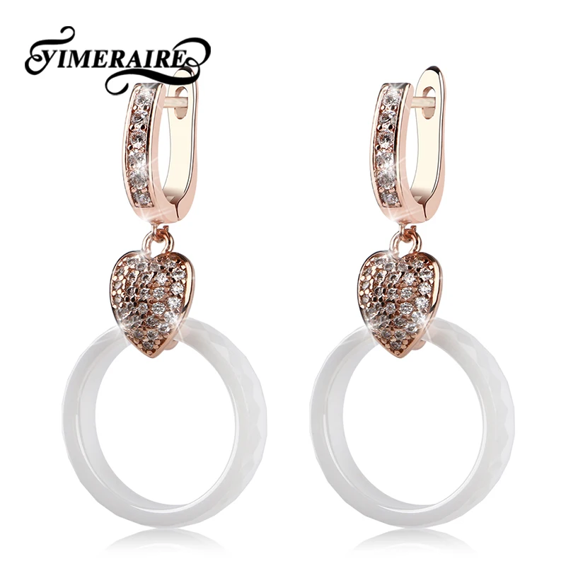 Женские серьги подвески TUHE белые керамические капли из розового золота