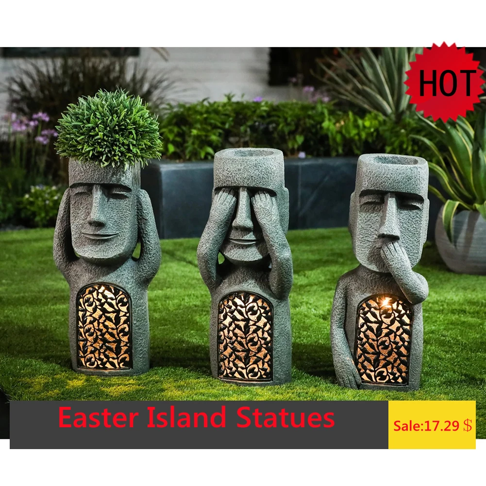 

See Hear Speak No Evil Garden Easter Island Statues Creative Resin Sculpture Outdoor Decoration Home Vase Statue Decor Figurine