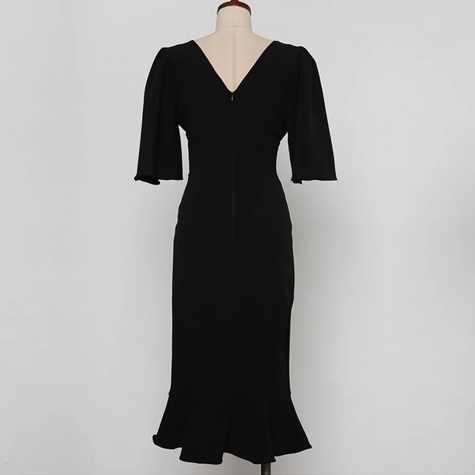 

Black Elegant Party Dress 2020 Summer Simple High Waist Slim Butterfly Sleeve Fishtail Hem Asymmetric Women's Dresses