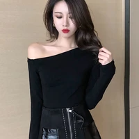 off shoulder one line collar bottoming t shirt woman tshirts women long sleeve t shirt white off collarbone oblique shoulder