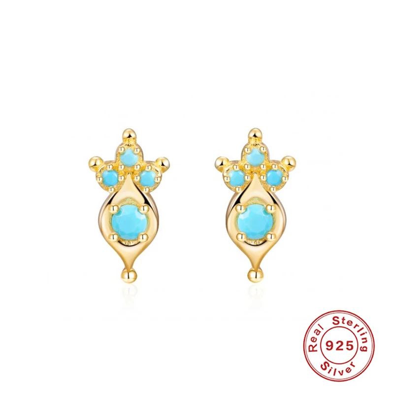 

BOAKO 925 Sterling Silver Turquoise Crown Eye Shape Stud Earrings For Women Dainty Blue CZ Crystal Piercing Ear Studs Jewelry