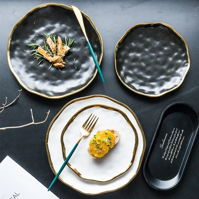 

10Inch Nordic Ceramic Dinner Plates Set Gold Side White Black Plate Salad Dessert Dishes Dinnerware Kitchen Tray Tableware Set