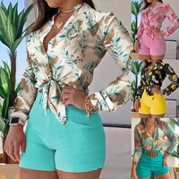 summer clothes for women shorts sets long sleeve shirts plus size sets fashion printing 2 piece set high waist shorts two piece