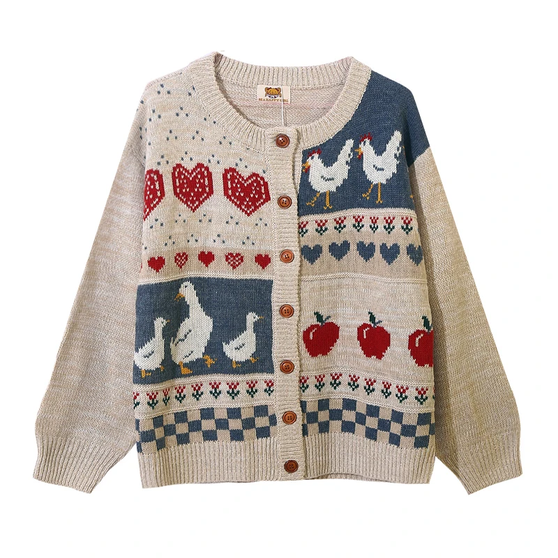 Кардиган женский вязаный жаккардовый с круглым вырезом Осень-зима |