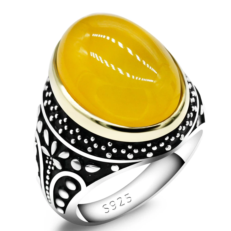 

Оригинальное серебряное мужское кольцо с натуральным желтым крупным агатом, классическое Ретро кольцо из тайского серебра в подарок турец...