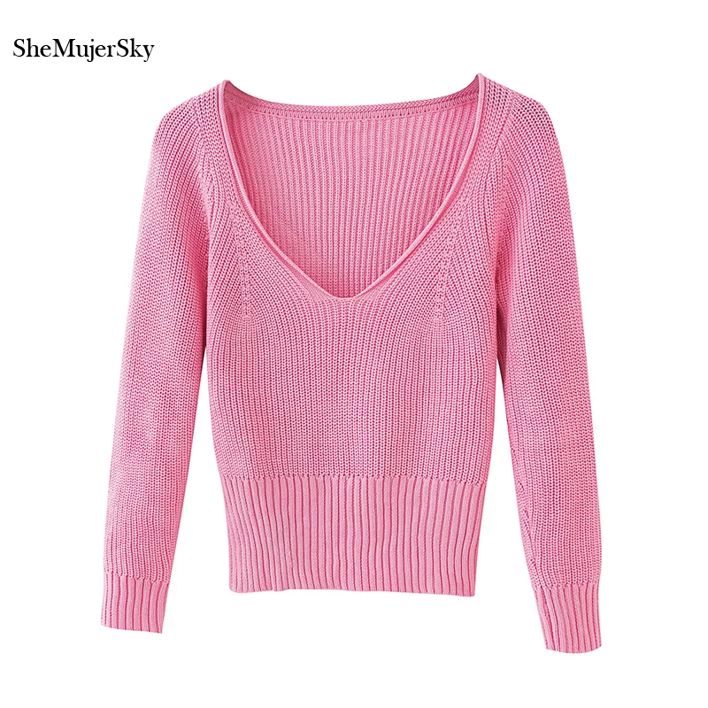 

SheMujerSky ТРИКОТАЖНЫЙ УКОРОЧЕННЫЙ ТОП С V-образным вырезом, женские розовые блузки с длинным рукавом, 2020 эластичные рубашки