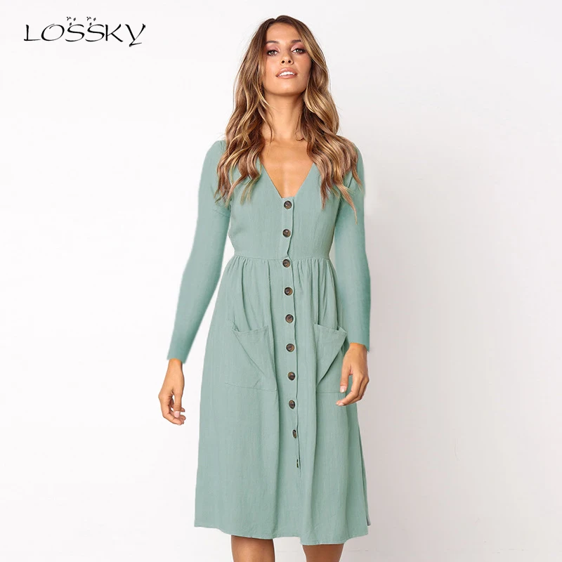 Lossky длинный рукав v образный вырез женское повседневное осеннее платье Империя