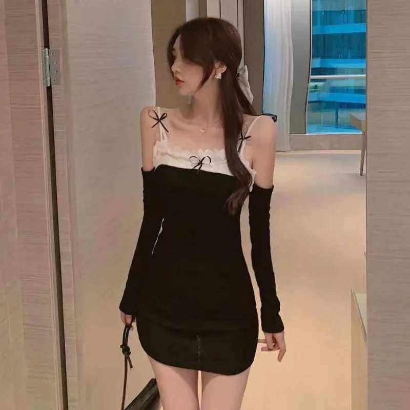 

2021 Spring Summer Korean Fashion Style Lace Braces Long Sleeve Dress Women's Sexy New Women's Waist Slimming Sheath Vintage
