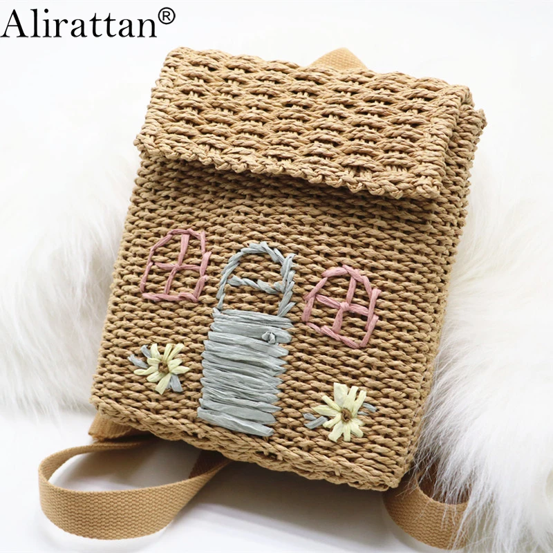 

Summer New Style Solid Color Handmade Double Shoulder Straw Bag Hand Carried Woven Bag Leisure Beach Bag Female Bag