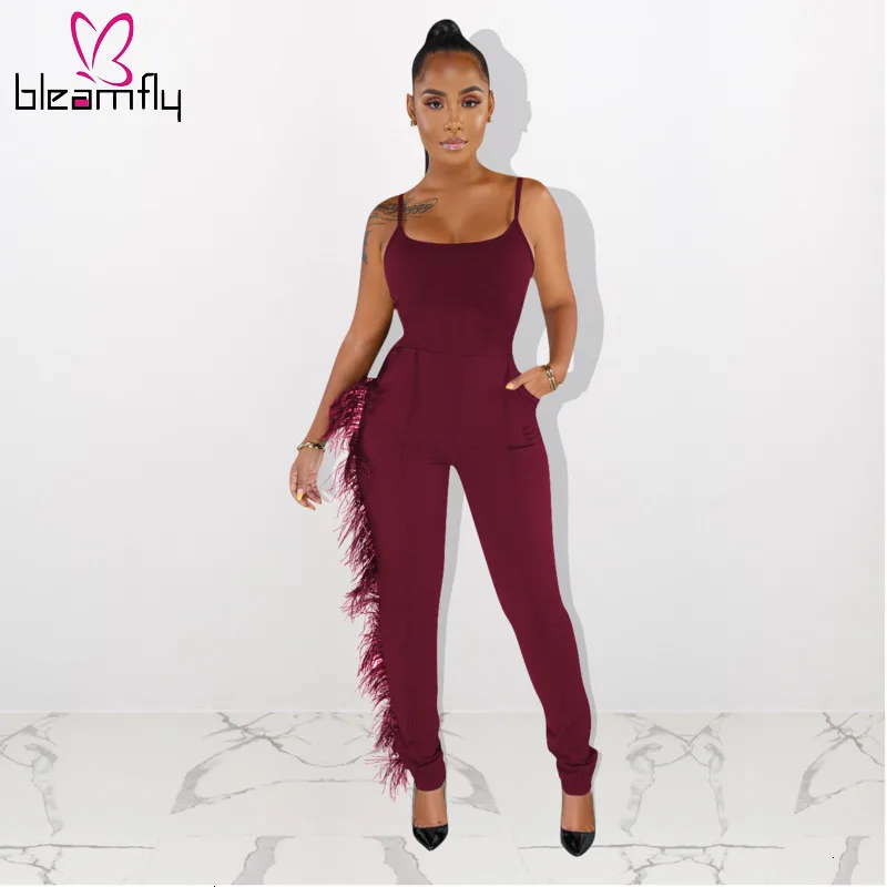 Сексуальные облегающие комбинезоны с кисточками и перьями 2019 без рукавов