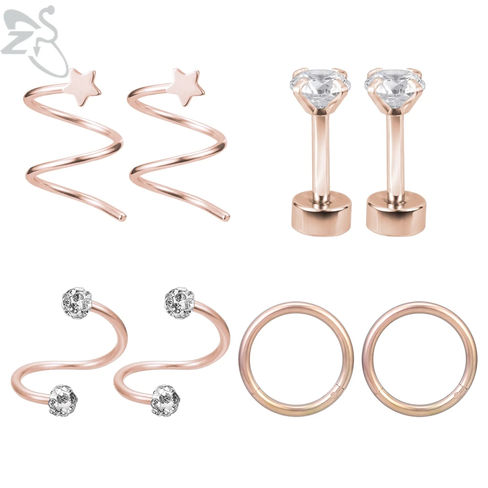 ZS 4 пара/лот Спиральные серьги хрящи циркониевые кольца для перегородки носа