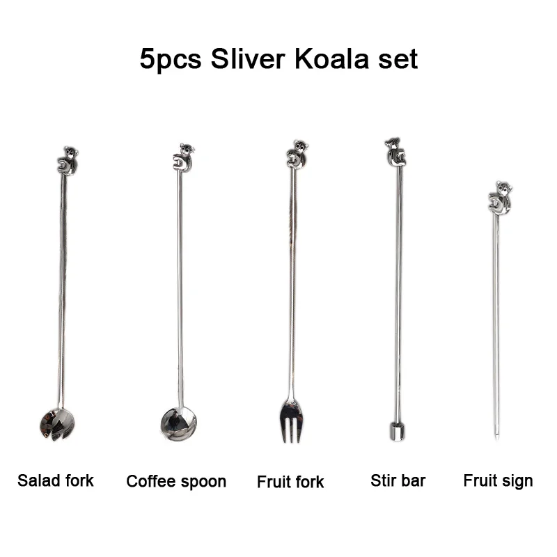 Sliver Koala set 5 шт., серебряная кофейная ложка, Золотая Коктейльная палочка, набор, лист коала, длинная ручка, мороженое, десерт, Микс, чайная ложка, вилка, барные аксессуары - Цвет: Sliver Koala set