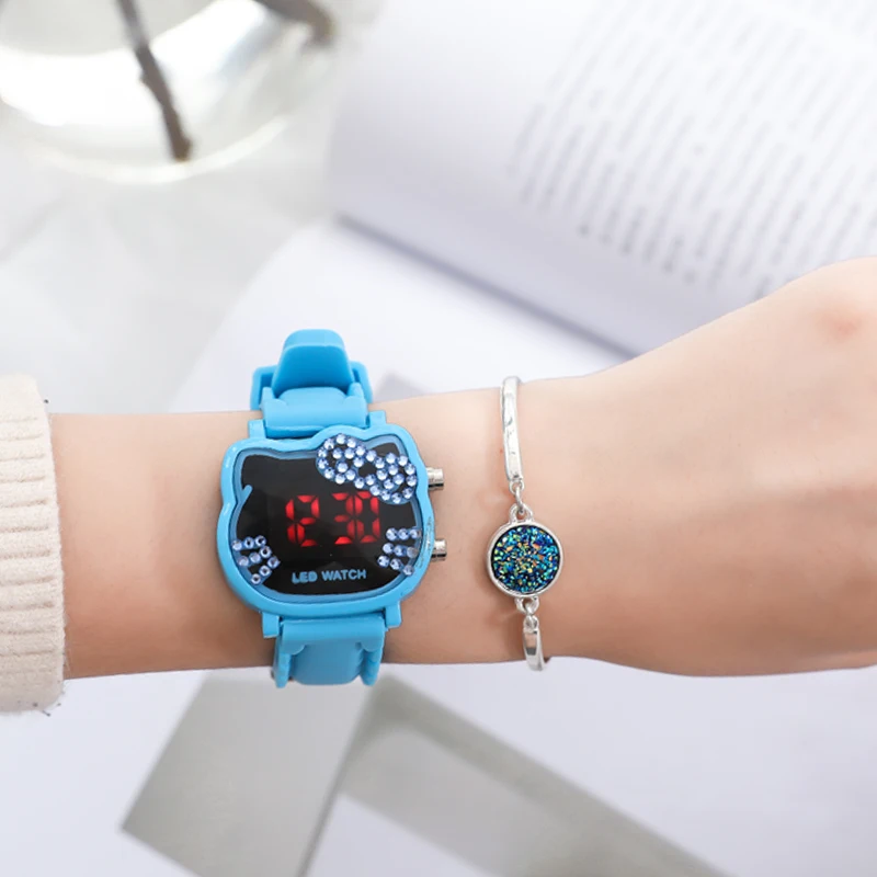 Часы Hello Kitty для женщин и детей женские наручные часы с кристаллами светодиодные