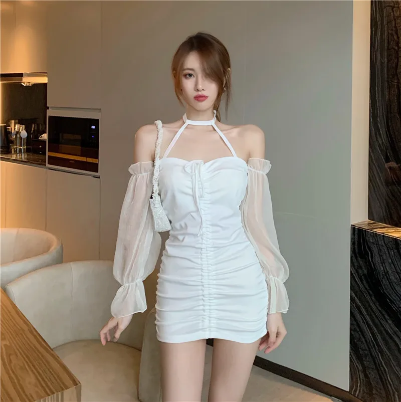 

Sexy Short Mini Shirring Dress Summer Transparent Long Sleeve Halter Neck Backless Dresses Women YOU297