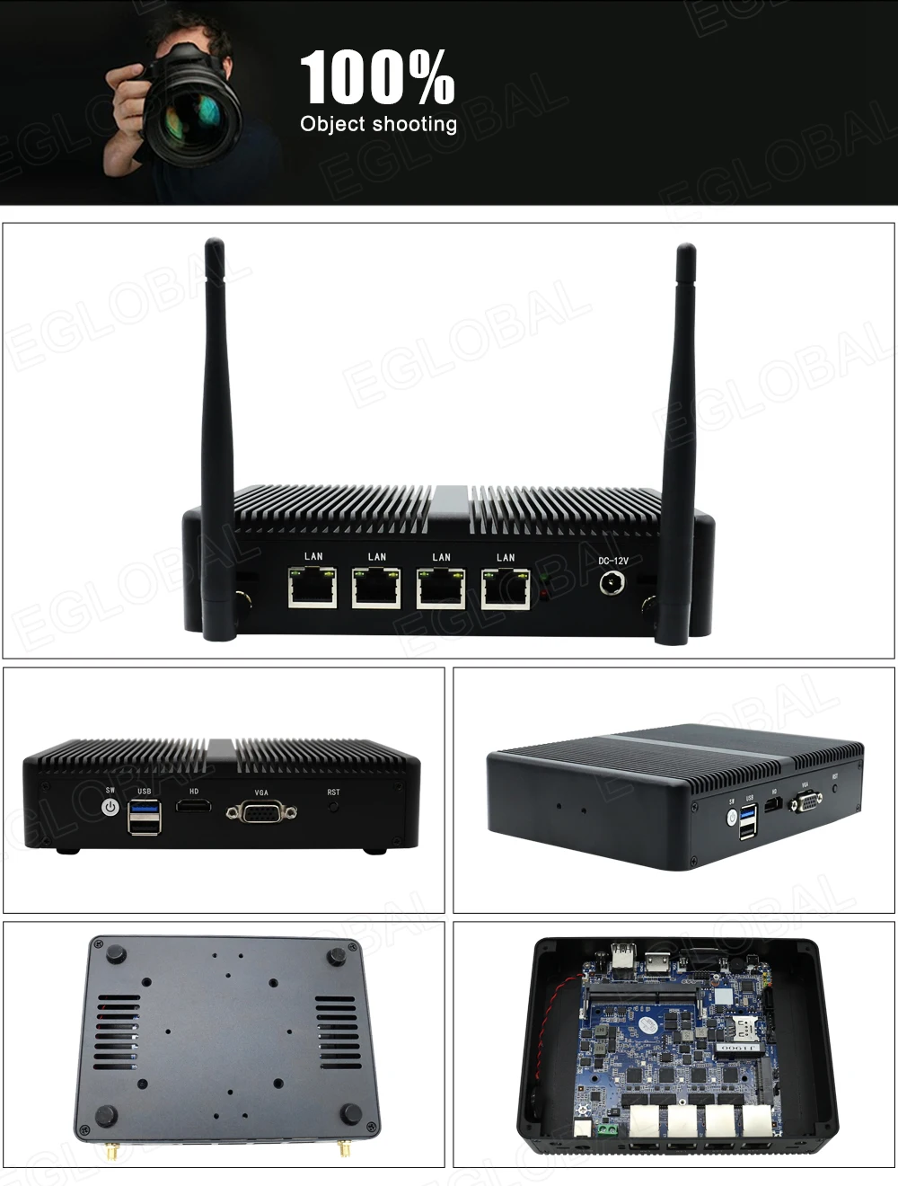 Фрезерный экран мини-ПК Intel J1900 настольный компьютер 4 * WGI211AT Gigabit RJ45 Lan 1 COM