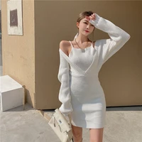 small design sense fake two piece off shoulder strap long sleeve slim fit wrap buttock bottomed sweater knitted dress
