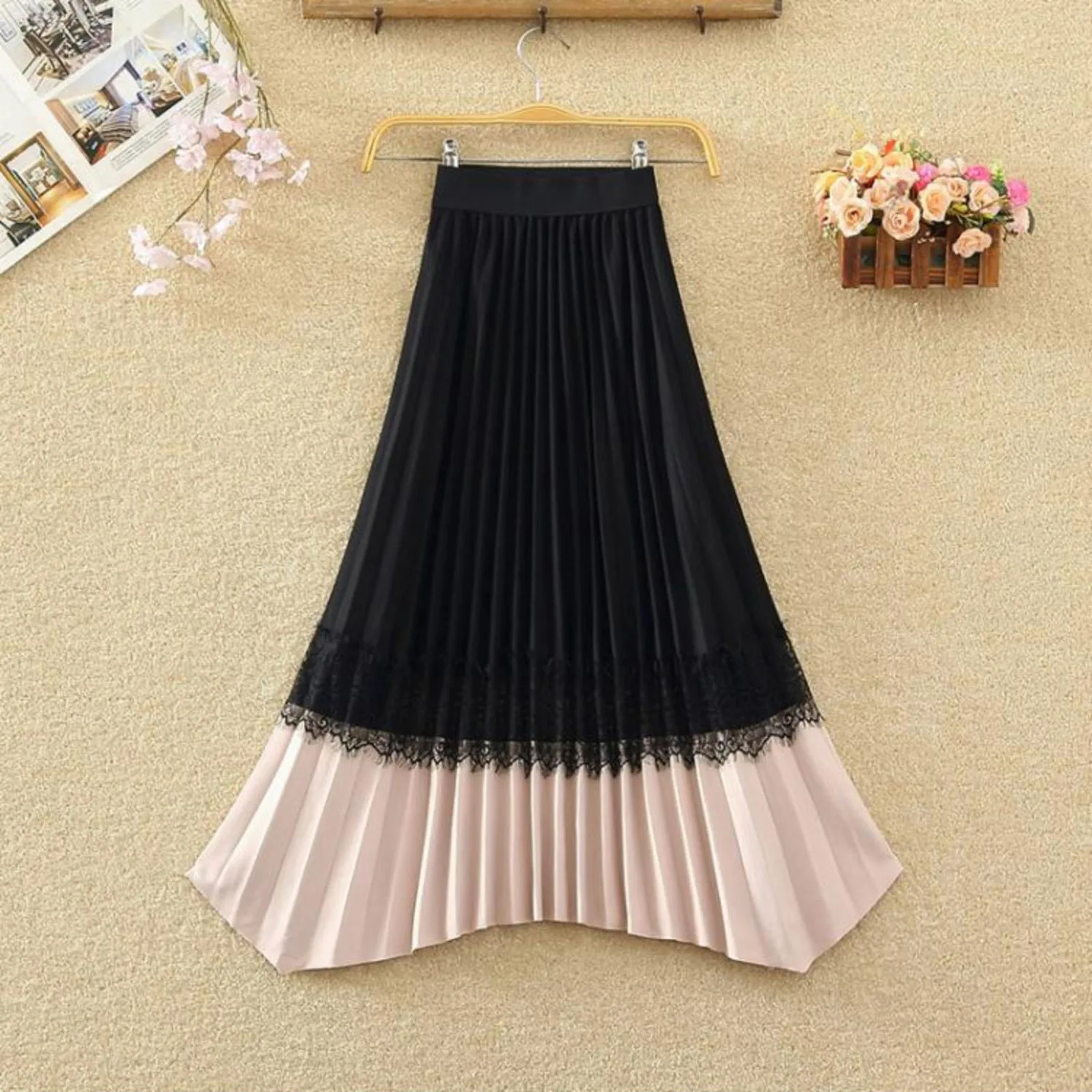 

JAYCOSIN High Waist Midi Skirt Women's Elastic Waist Printed Mid-length With Pleated Large Hem A-line Skirt Pleated Long Skirts