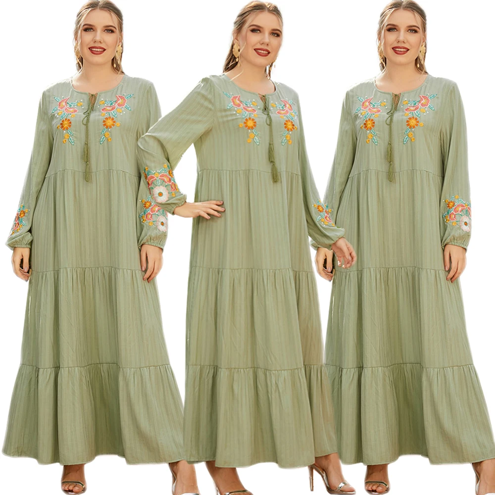 

Women Embroidery Ethnic Long Dress Muslim Arab Abaya Ramadan Eid Islamic Spring Autumn Maxi Robe Kaftan Dubai Turkey Plus Size