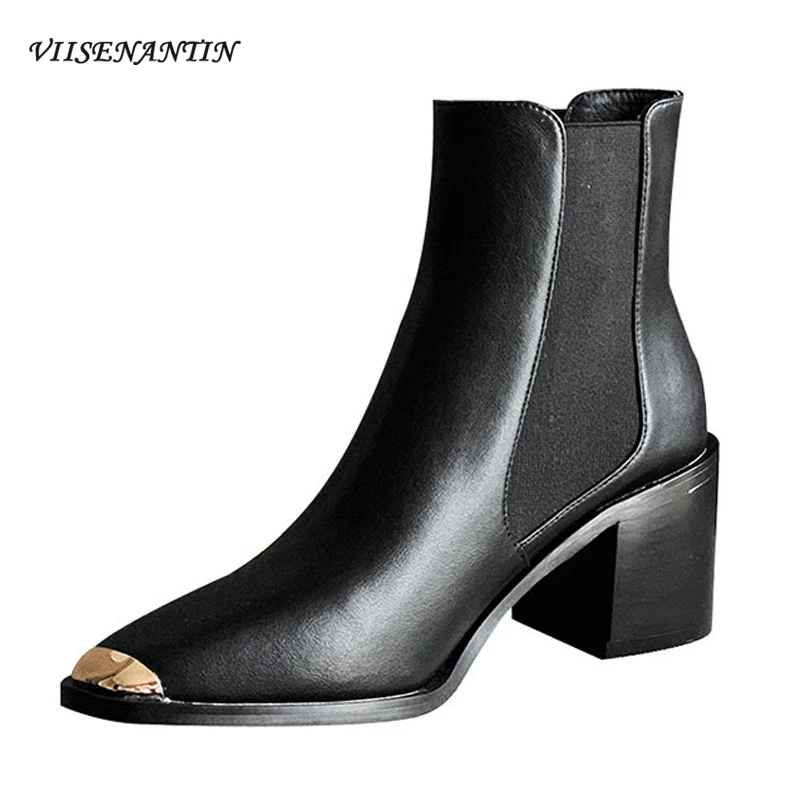 

Женские ботинки челси на толстом каблуке, с квадратным носком и металлическим декором