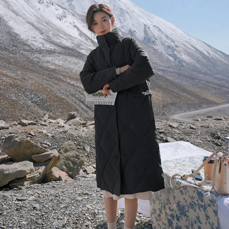 Женский длинный пуховик с воротником-стойкой однотонное теплое пальто из хлопка