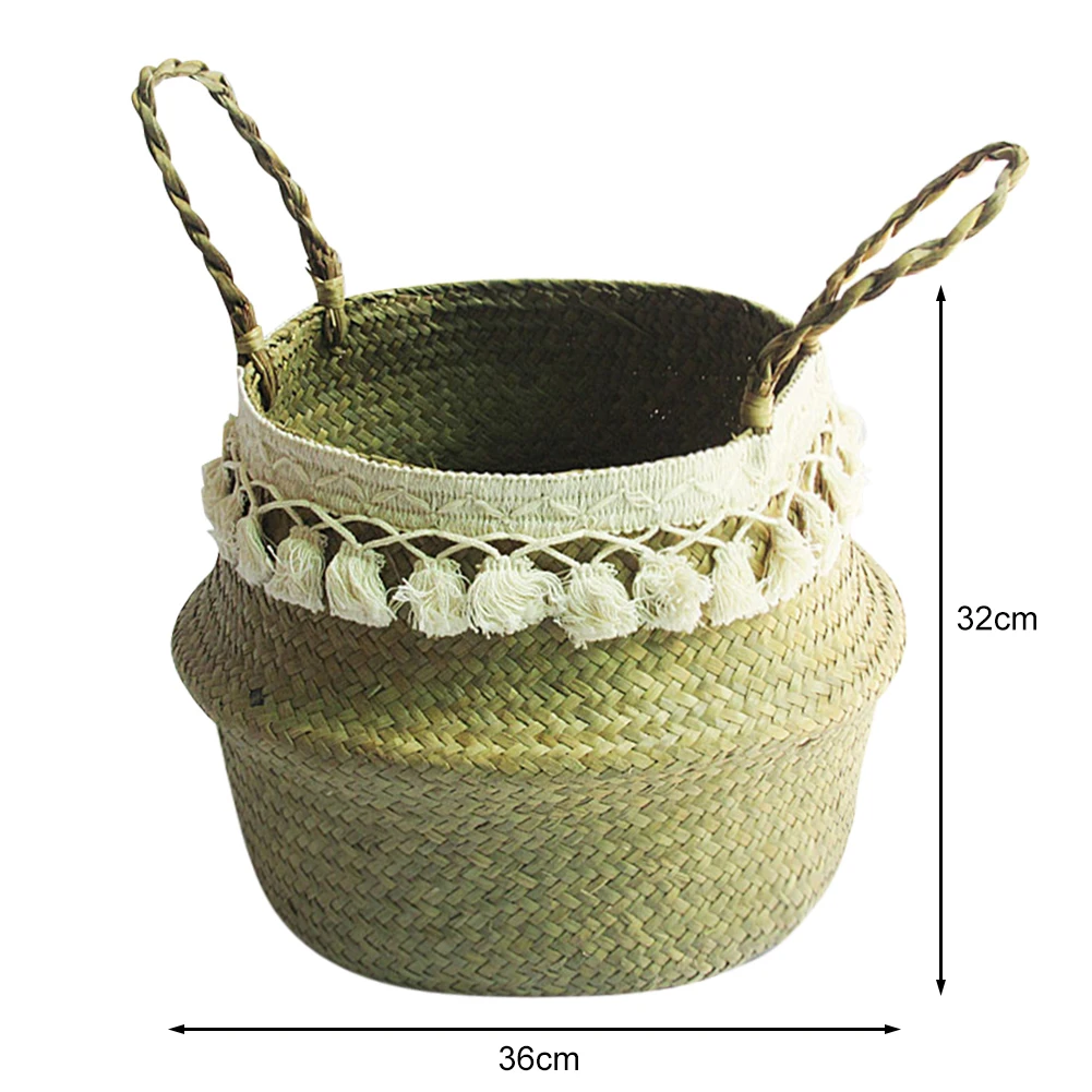 

L/XL/XXL/XXXL Seaweed Storage Baskets Foldable Woven Storage Pot Garden Flower Pot Container w/Tassel Storage Basket Home Decor