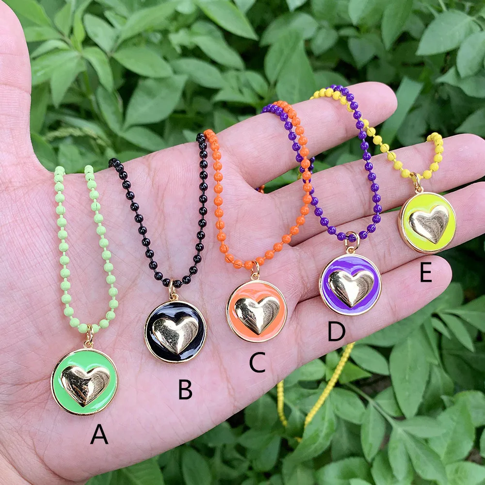 

Bead Chain Necklace Enamel Round Shape Embossing Heart Gold Plated Pndant Birthday/Commemorative Gifts Bulk Jewelry wholesale