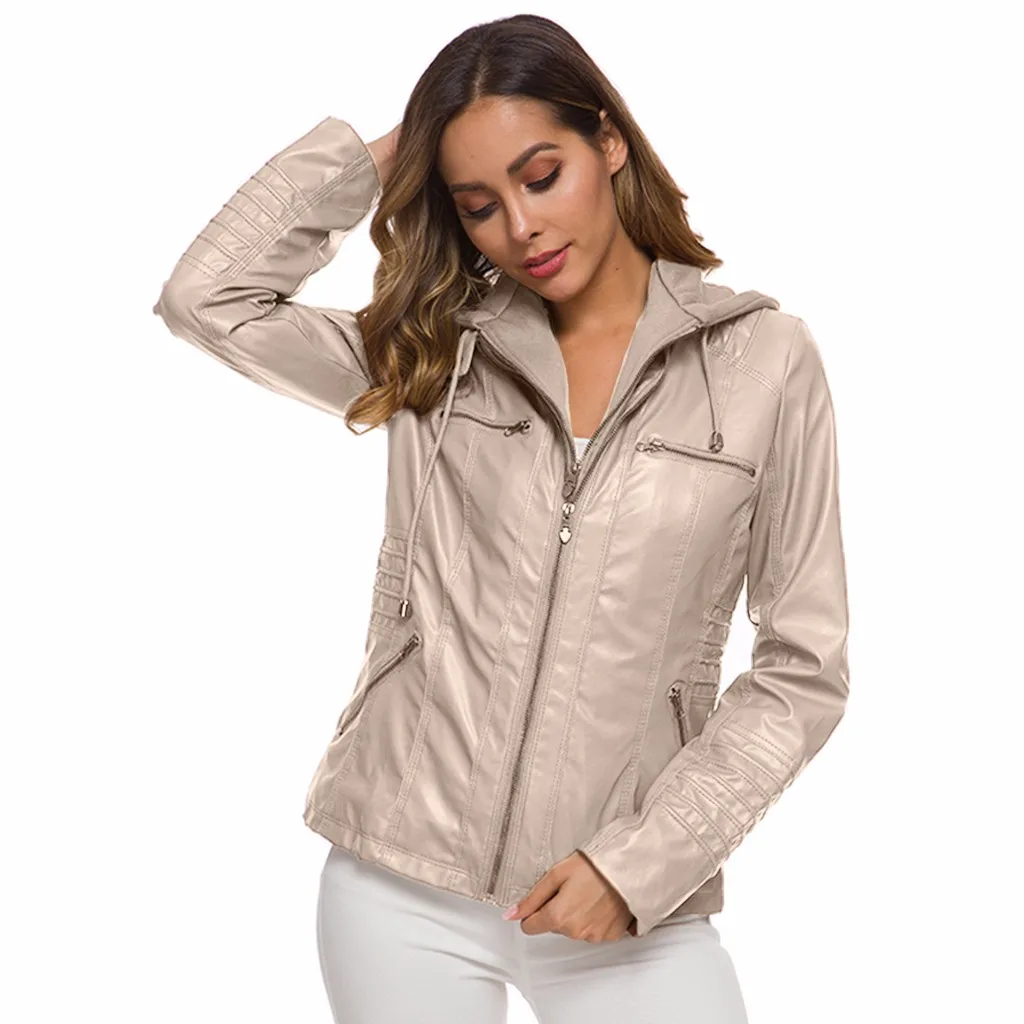 Женская кожаная куртка из ПУ кожи с капюшоном на молнии | одежда
