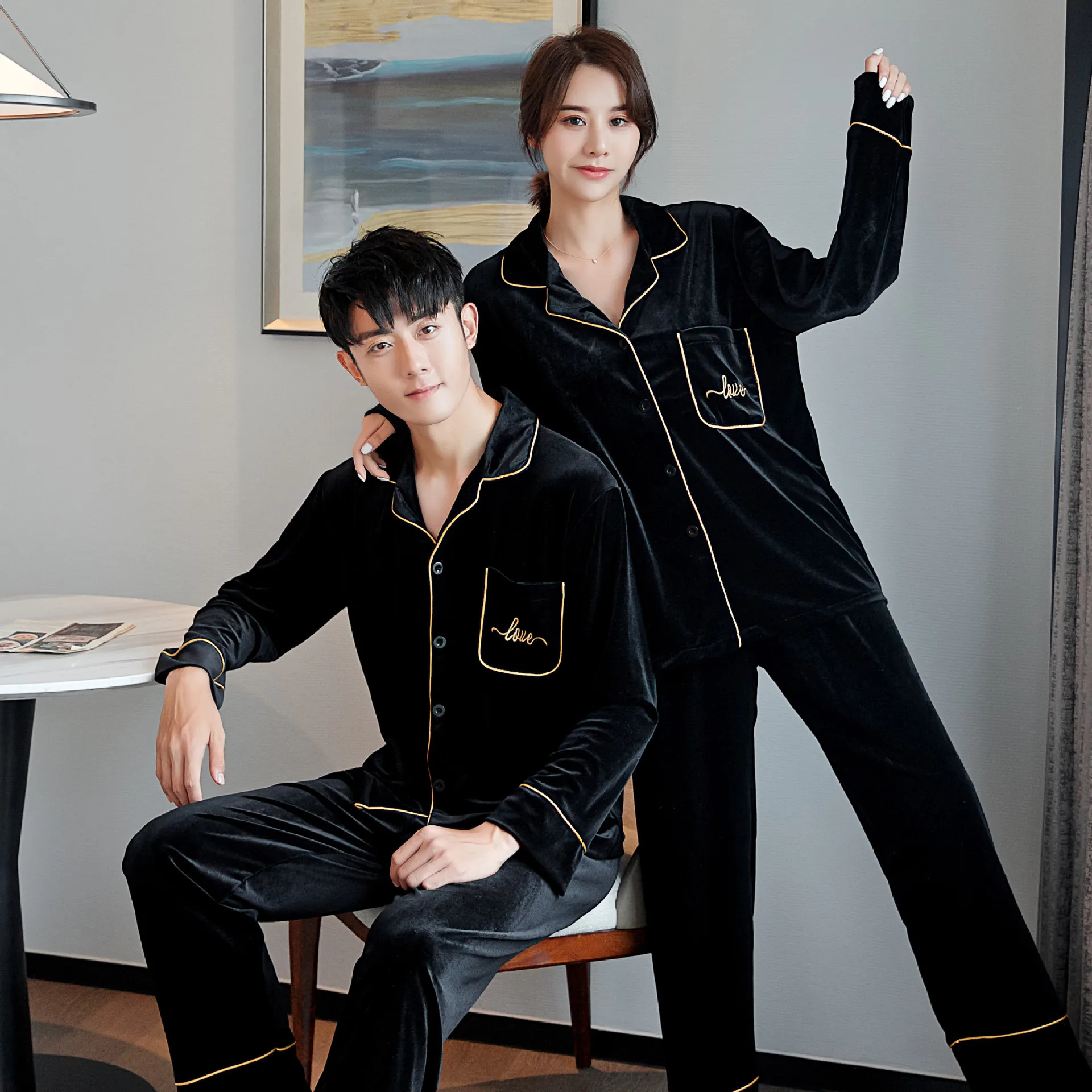 Новинка Сезон осень зима Пижама для пары Бархатные однотонные брюки с длинными