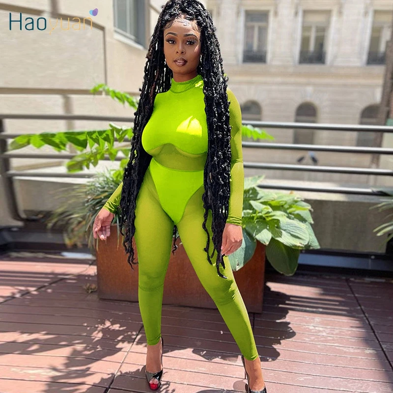 

HAOYUAN Mesh Sheer Patchwork Bodycon Jumpsuit Long Sleeve Women Fall Clothing Sexy Night Clubwear One Piece Birthday Outfits