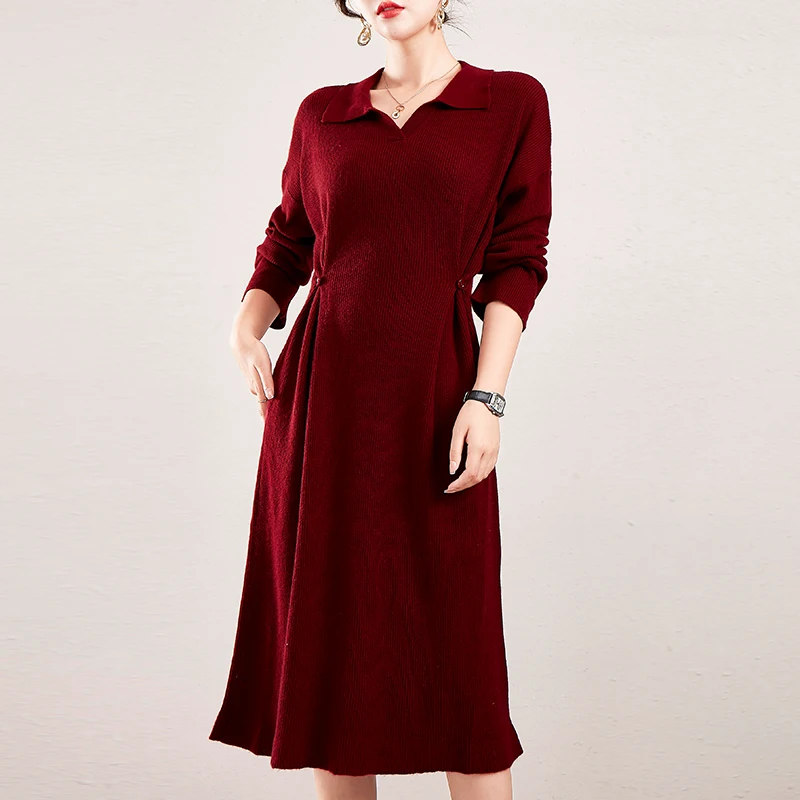

100% чистый кашемировый Женский пуловер с воротником-поло, Повседневное трикотажное женское платье, корейская мода, Длинная женская юбка на о...