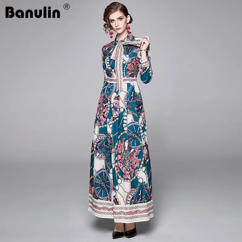 

Banulin 2019 Fashion Runway Autumn Holidays Long Dress Women's Bow Sashes Gorgeous Flroal Printed Vintage Elegant Maxi Dress
