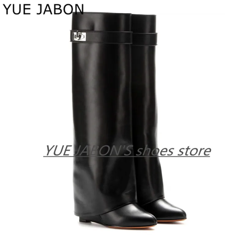 

Женские сапоги без шнуровки, высокие сапоги до колена из натуральной кожи с замком акулы, мотоциклетная обувь на танкетке