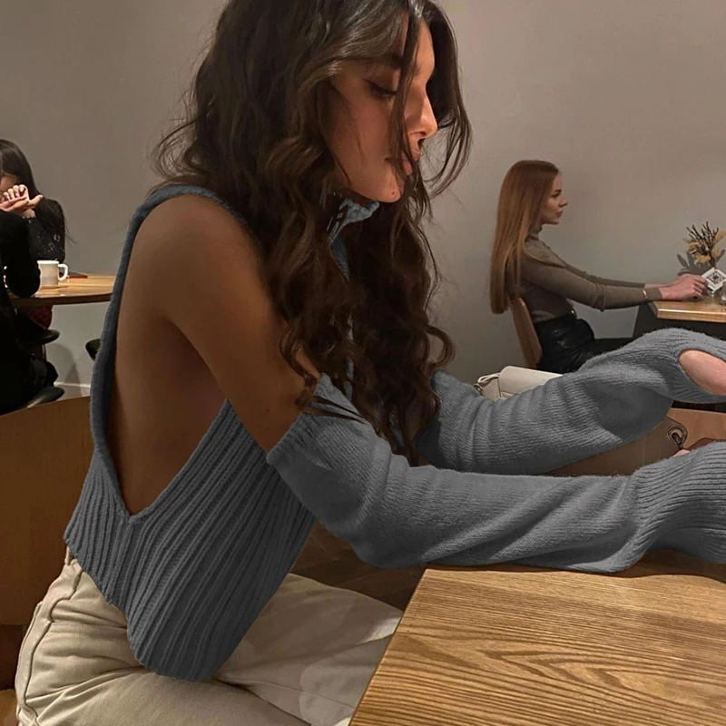 Женский трикотажный жилет укороченный топ-водолазка с рукавами осень-весна Y2K |