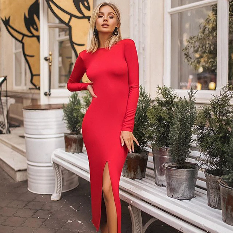 Однотонное Привлекательное платье карандаш с круглым вырезом и длинными