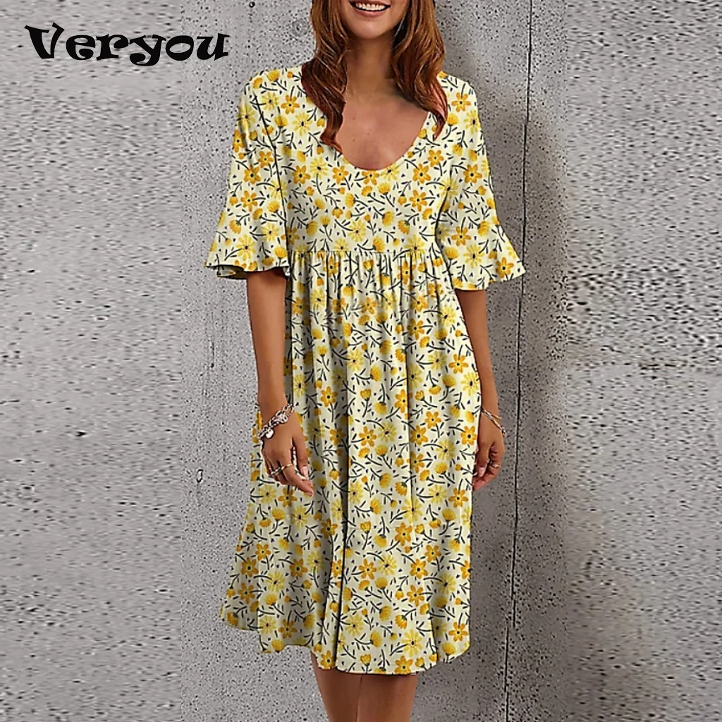 Женское свободное летнее платье праздничное с круглым вырезом и коротким