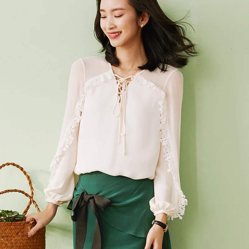 

2020 Summer new Women's v neck 100% silk shirt Vintage Georgette White Elegant Lace Mulberry Silk Top