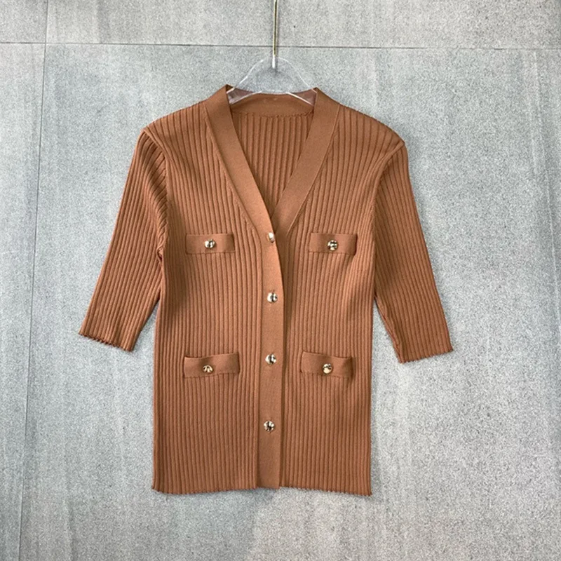 

Women Sweater Five-point Sleeve V-Neck Knit Sweater 2021 Simple Thread Four Pocket Knit Cardigan Women's Top