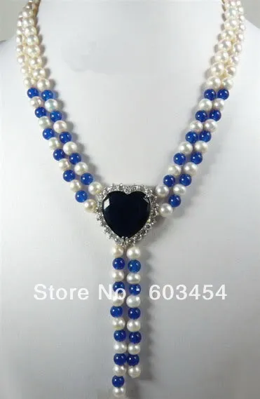 Белый жемчуг синий нефрит сапфир сердце кулон ожерелье женское