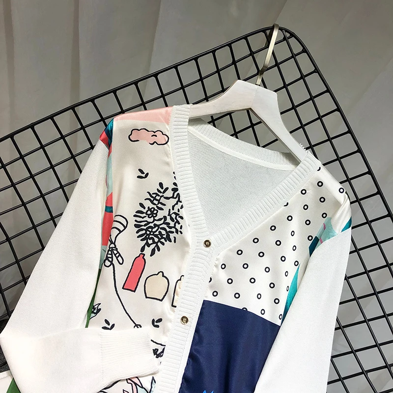 ALPHALMODA Европейский с v-образным вырезом атласный свитер с принтом пэчворк вязаный искусственный однобортный пуловер осенний модный топ с длинными рукавами