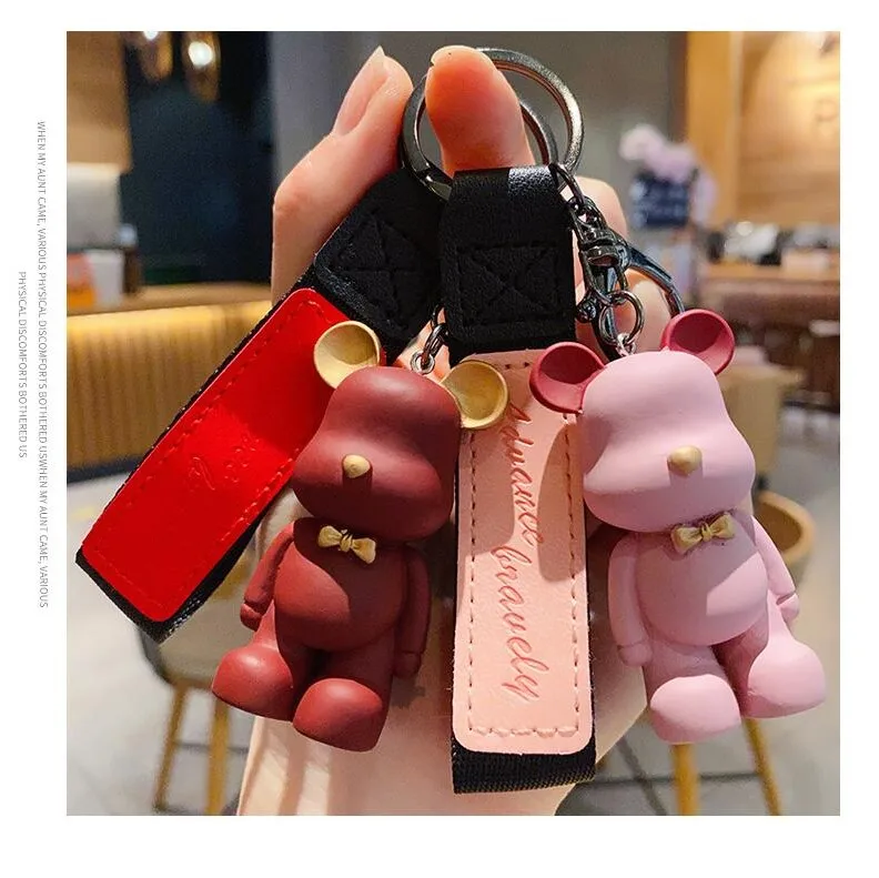 

12 Style Cartoon Keychain Bow Tie Bear Kawaii PVC Figures Cute Bearbricks Pendant For Ladies Car Bag Keyring Ornament