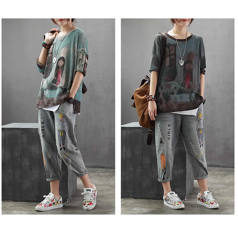 European Women Punk Knitwear Ladies Knitted Cotton Sweaters Autumn Pullovers Vintage Printed Jumper Fashion | Женская одежда