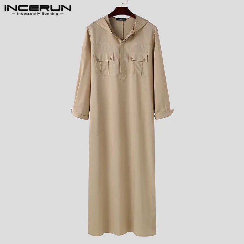 Solid Muslim Robes Mens Long Sleeve Buttons Jubba Thobe Men Autumn Hooded Mult Pockets Kaftan Islamic Clothing S-5XL INCERUN 7