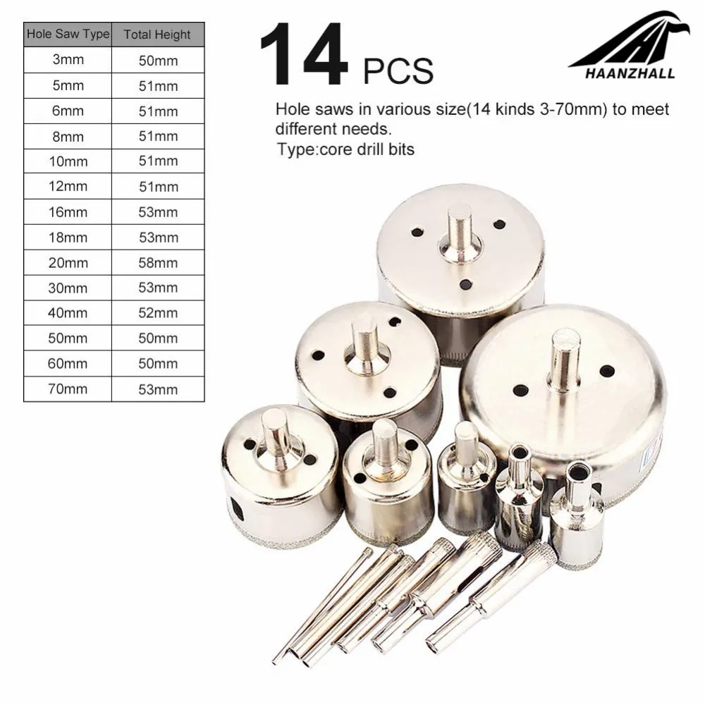 Алмазное сверло для керамики фарфора стекла мрамора отверстий 14 шт./компл. 3-70 мм |