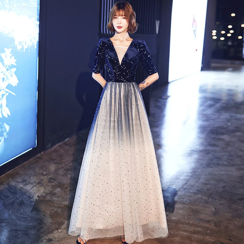 Женское длинное вечернее платье синее градиентное ТРАПЕЦИЕВИДНОЕ ПЛАТЬЕ С V