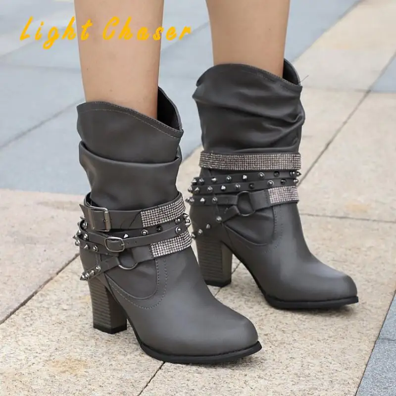 New Style Short Boots Gothic Punk Women's High-heeled Women's Boots Thick Heel Belt Buckle Rivets Plus Size Ladies Boots 34-43
